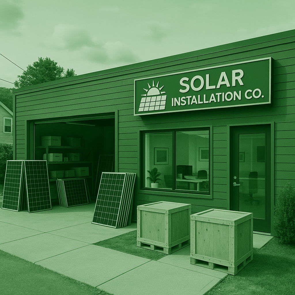 Professional solar company facility with equipment storage area, office workspace, and local Massachusetts operation demonstrating established business presence.