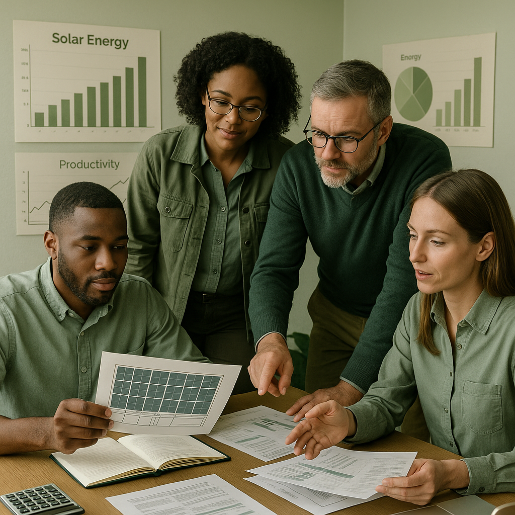Team of solar professionals reviewing installation plans and financial documentation in office setting with energy performance charts on walls.