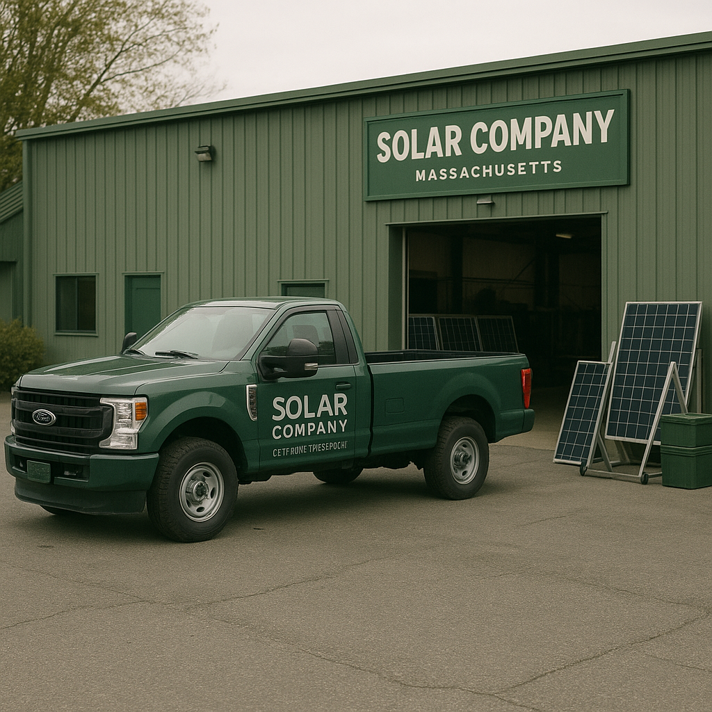 Professional solar company service vehicle and facility location in Massachusetts with branded appearance and certified installer infrastructure.