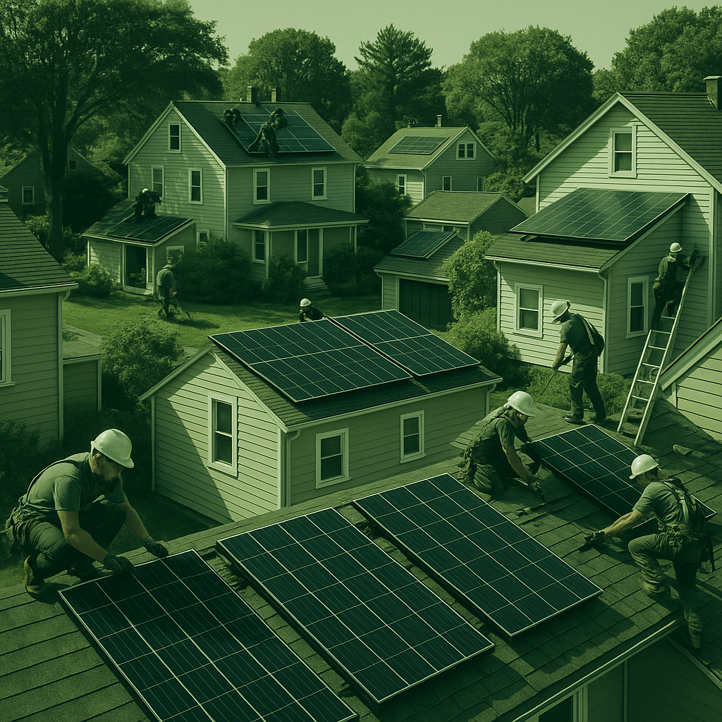 Multiple solar installations across Massachusetts neighborhood with professional installation teams at work on residential rooftops.
