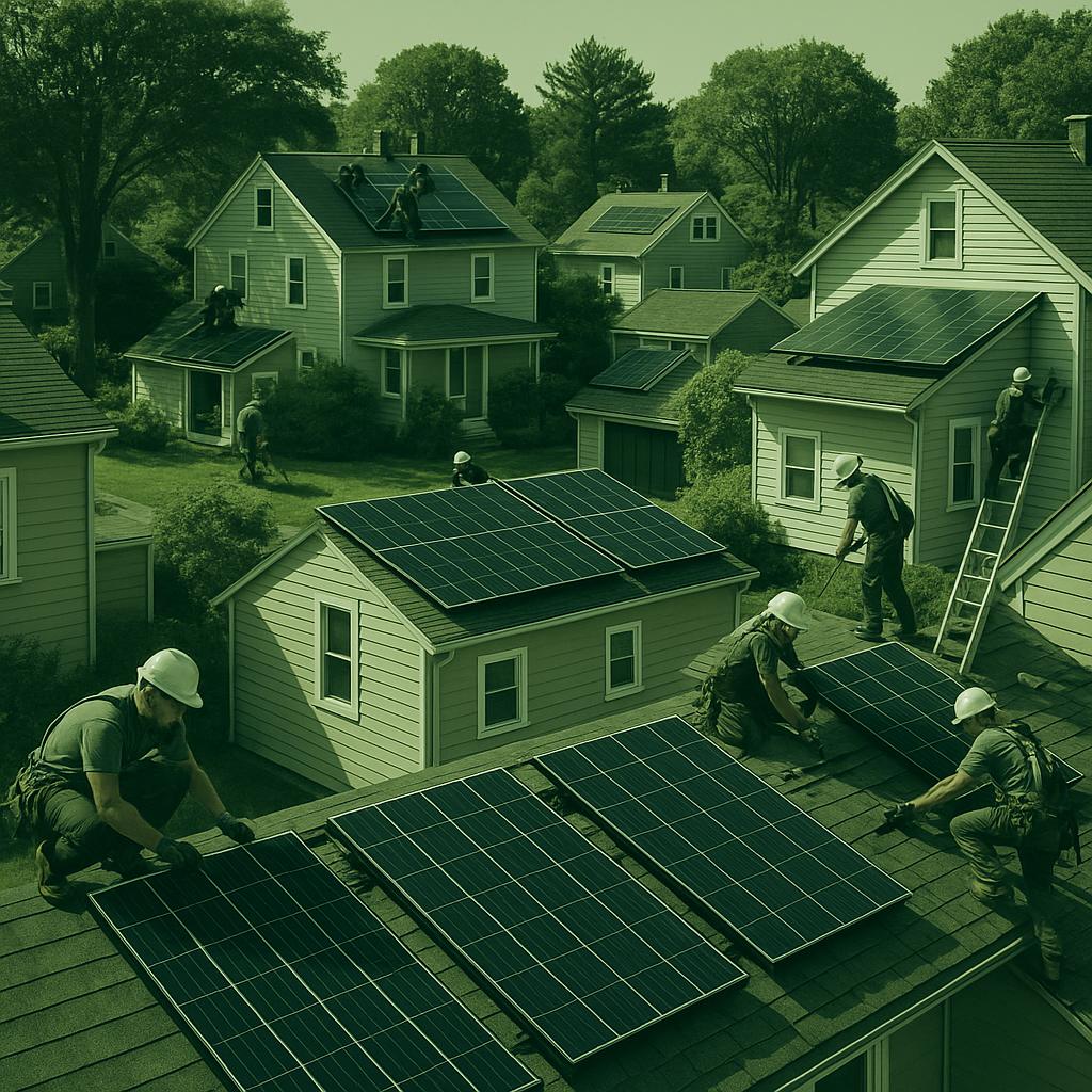 Multiple solar installations across Massachusetts neighborhood with professional installation teams at work on residential rooftops.